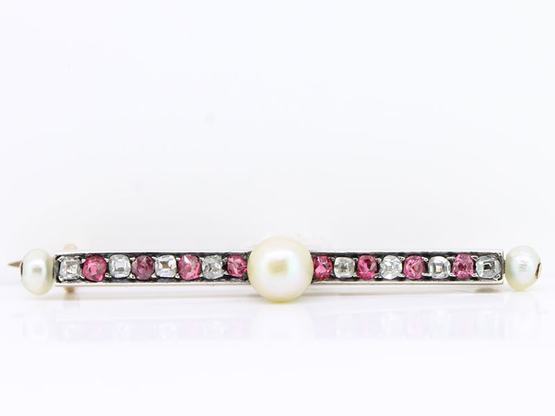 Exquisite art deco ruby diamond and pearl 18 carat gold and platinum pin