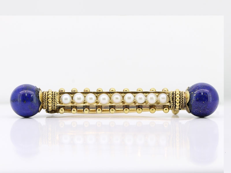 Stunning pearl and blue lapis lazuli 15 carat gold pin brooch