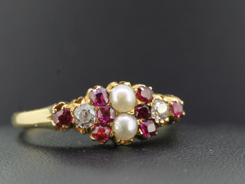 Stunning edwardain ruby natural pearl and diamond 18 carat ring