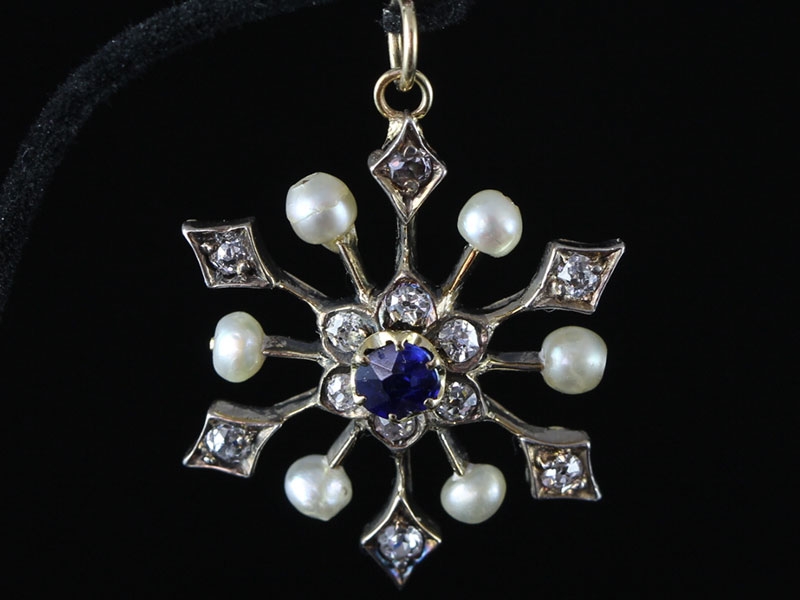 Stunning victorian sapphire, diamond and pearl snowflake 15 carat gold pendant