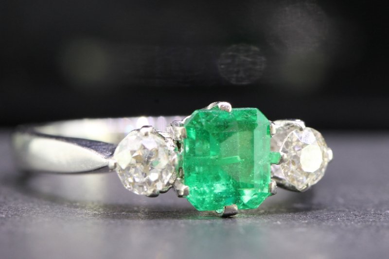 Mesmerising edwardian emerald and diamond trilogy platinum and 18 carat gold ring