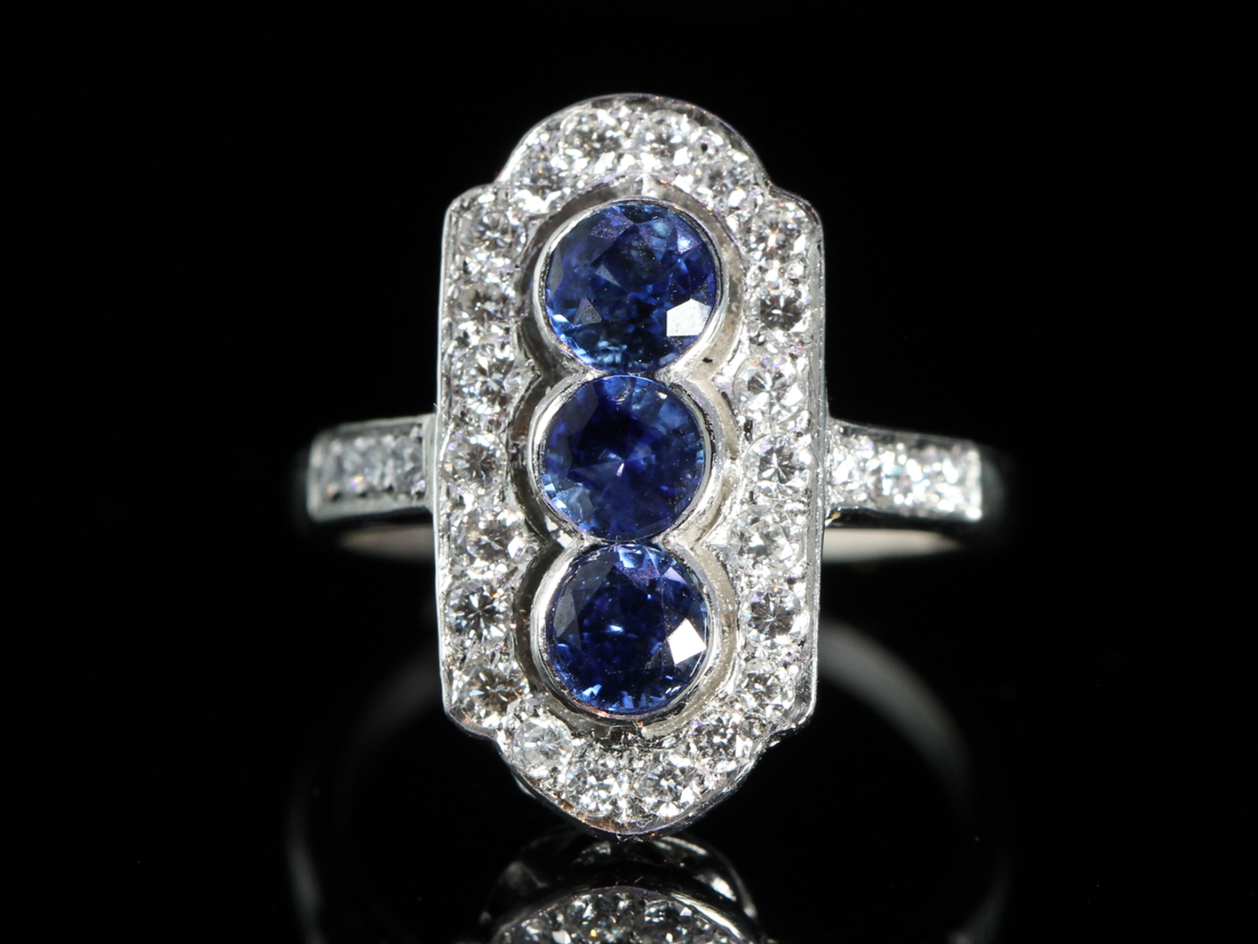 Art deco style sapphire and diamond platinum panel ring