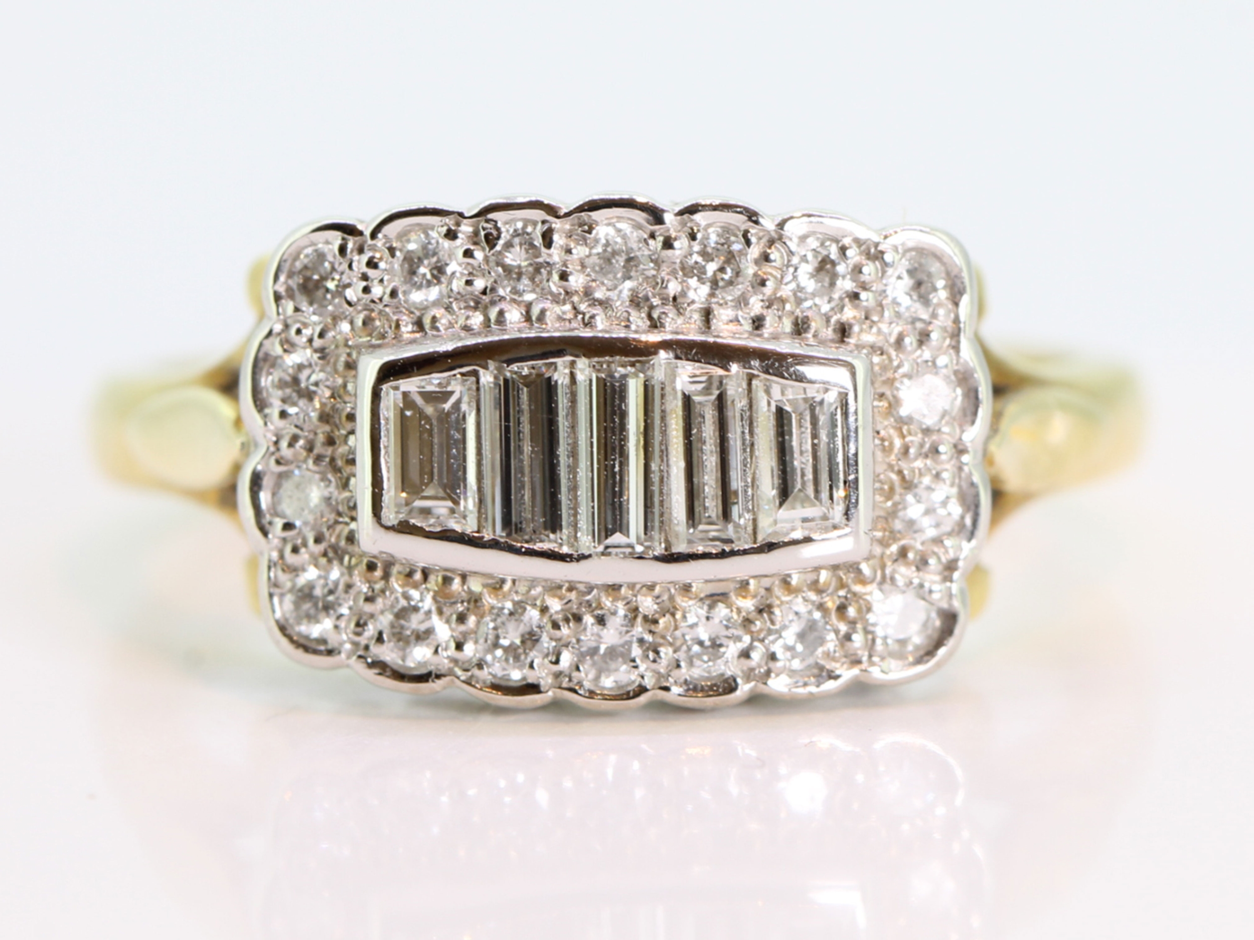 Beautiful baguette and brilliant cut diamond cluster 18 carat gold ring