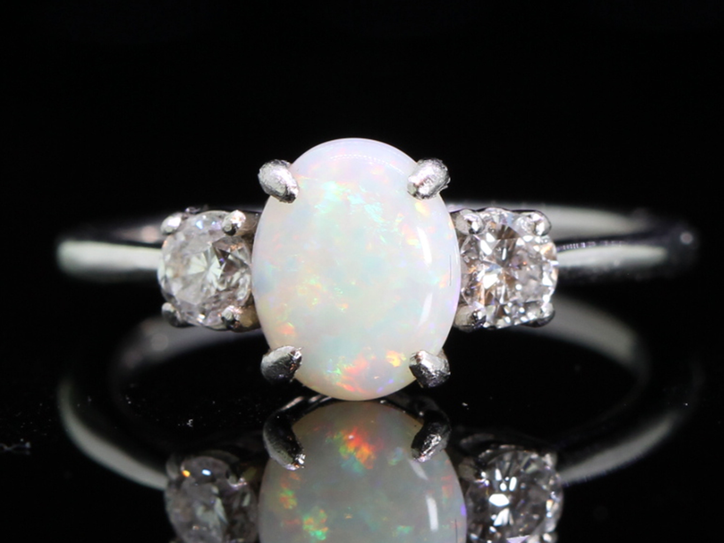  classic australian opal and diamond platinum trilogy ring