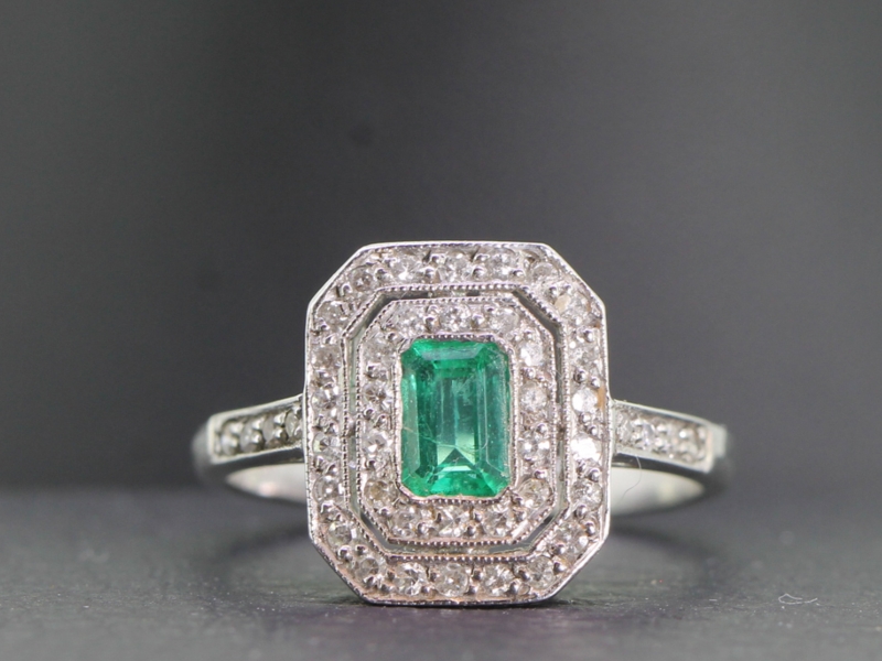 Glamorous art deco inspired emerald and diamond 18 carat gold ring