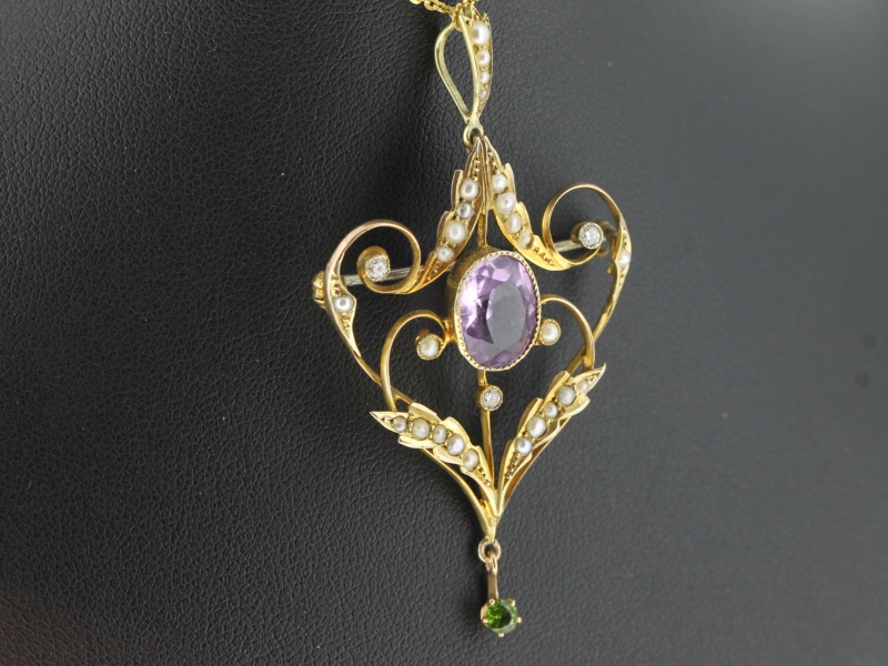 Spectacular edwardian seed pearl, diamond, amethyst, green garnet 9ct brooch-pendant