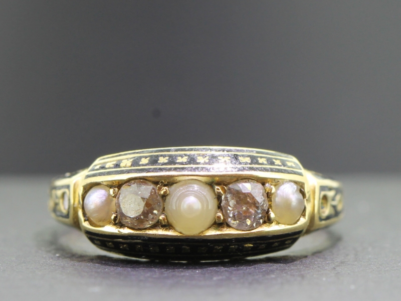 Fabulous victorian 15 carat gold black enamel pearl and diamond mourning ring