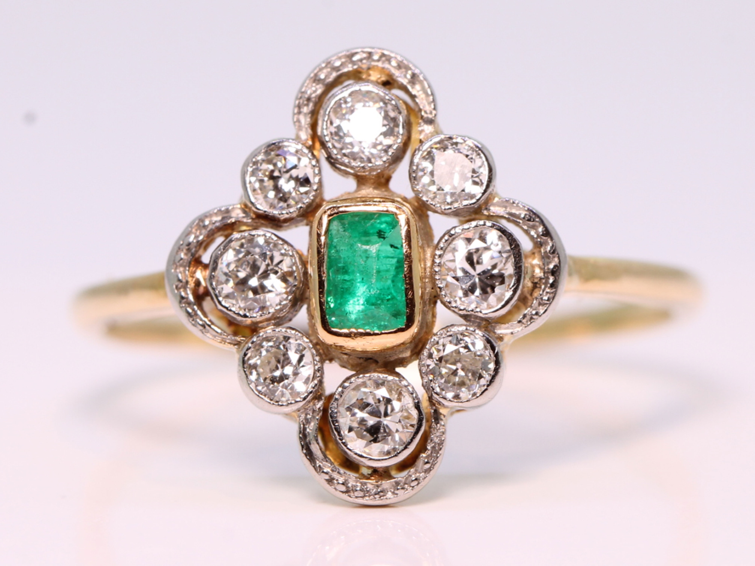 Art deco emerald and diamond 18ct gold and platinum ring