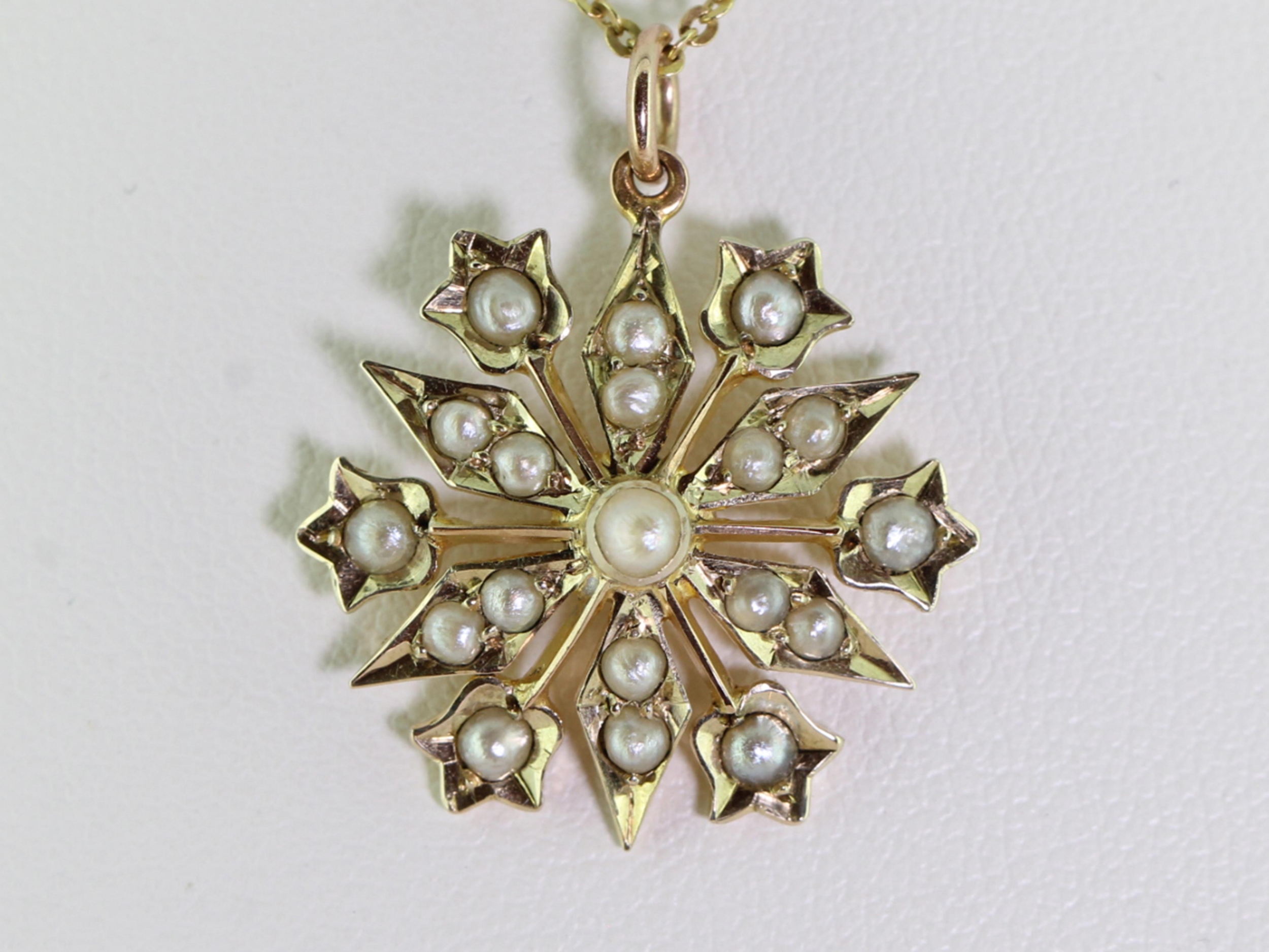 Gorgeous victorian 15 carat gold pearl set snowflake pendant