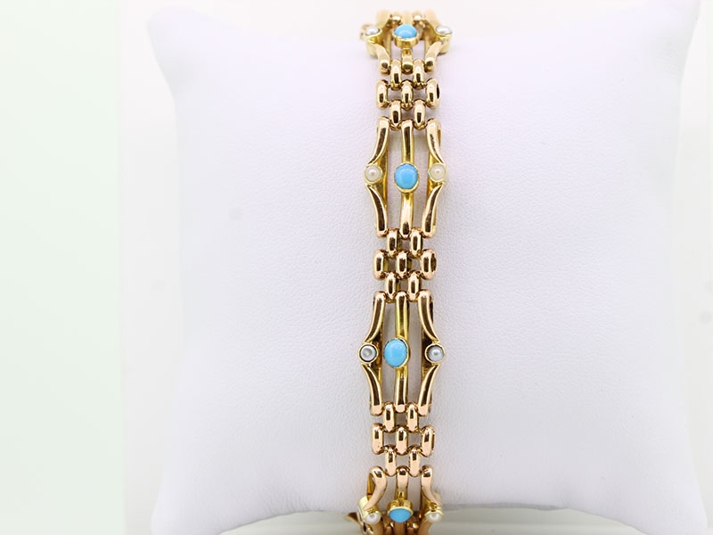 Elegant edwardian turquoise and pearl 15 carat gold gate bracelet