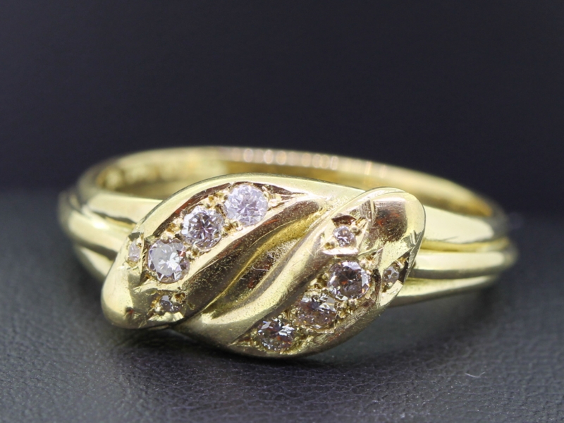 Beautiful edwardian diamond and ruby snake 18 carat gold ring	