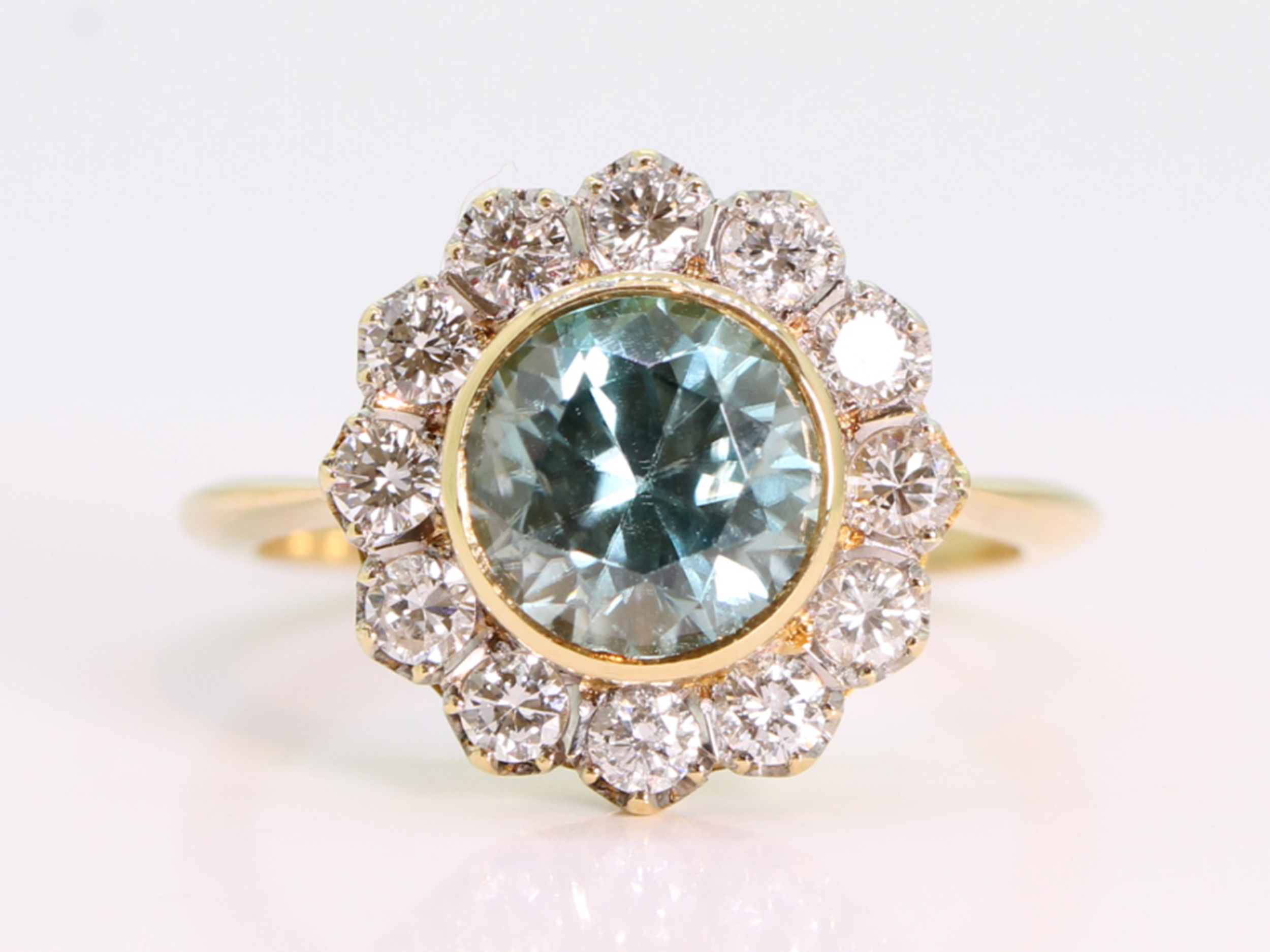 Natural blue zircon and diamond 18ct gold cluster ring
