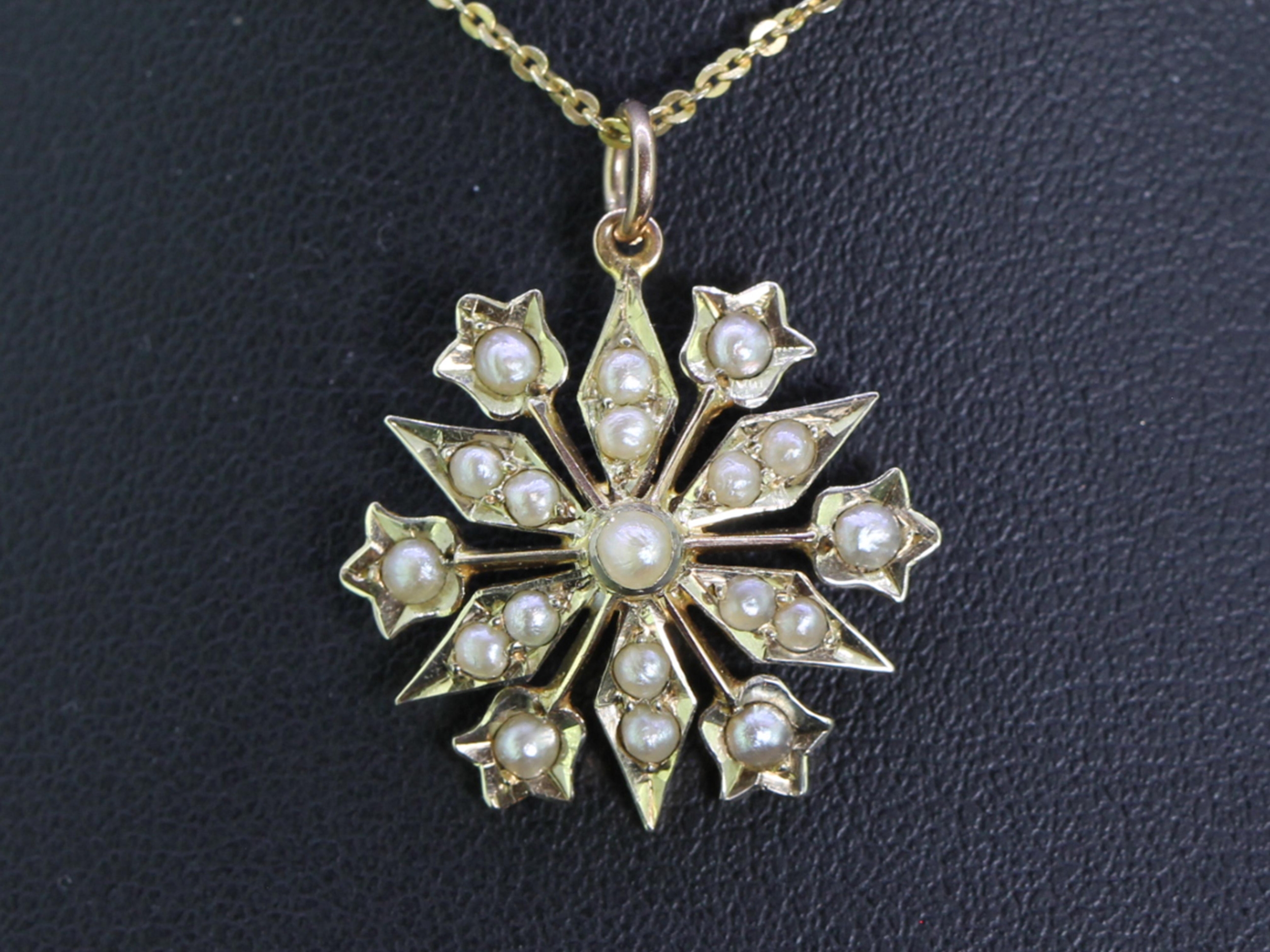 Gorgeous victorian 15 carat gold pearl set snowflake pendant