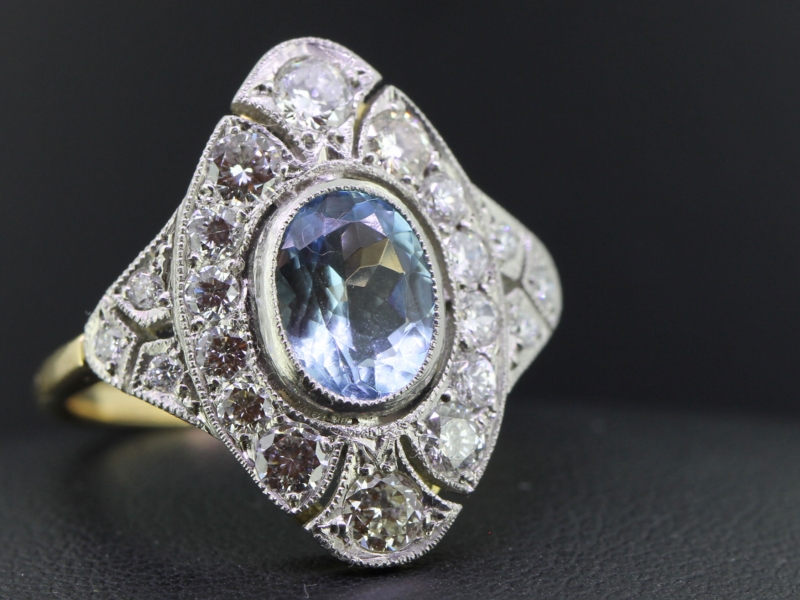  gorgeous aquamarine and diamond platinum and 18 carat gold art deco inspired ring