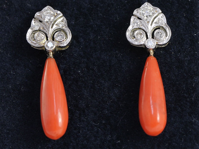 Beautiful vintage art deco inspired coral and diamond 18 carat gold earrings