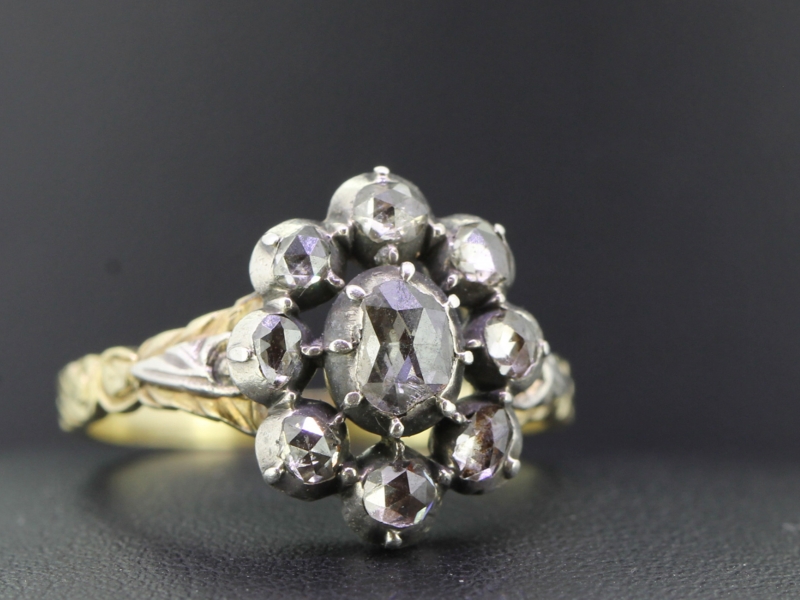Sophisticated georgian diamond silver set and gold cluster ring	