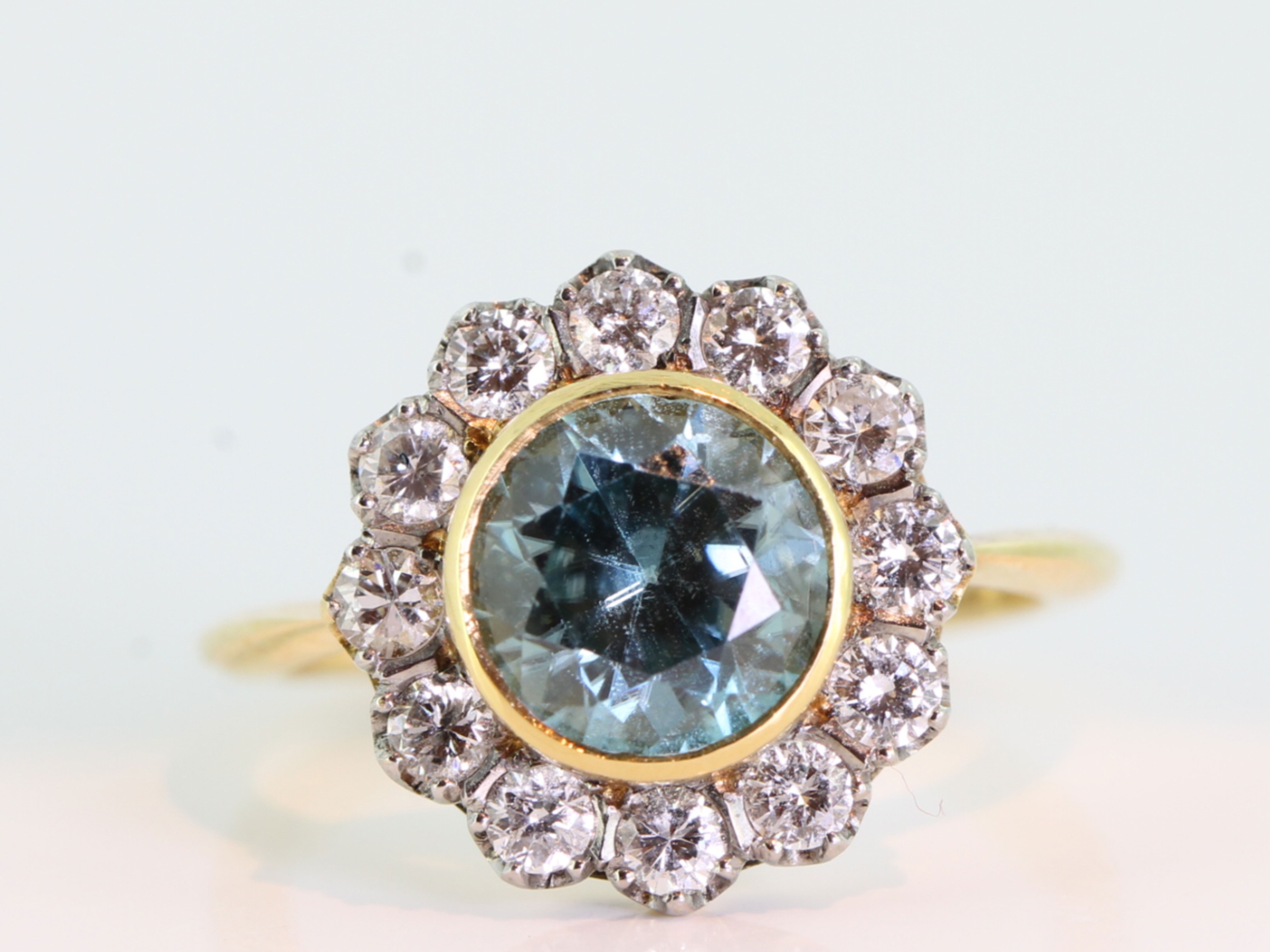 Natural blue zircon and diamond 18ct gold cluster ring