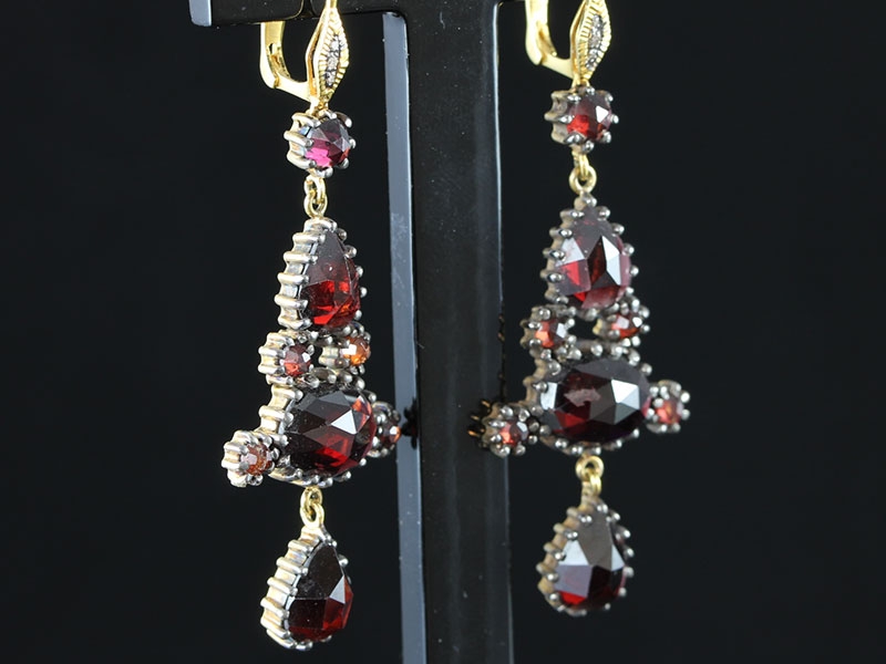Remarkable victorian inspired bohemian garnet and diamond silver earrings
