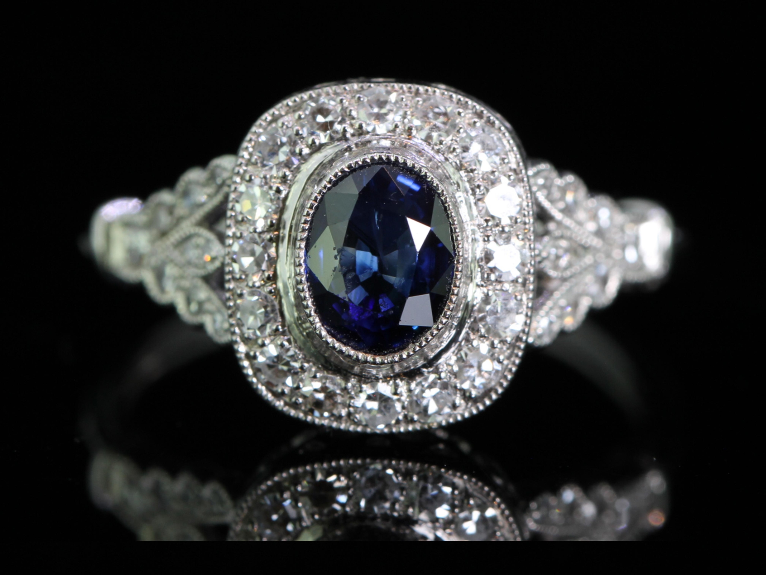 Striking natural sapphire and diamond platinum ring