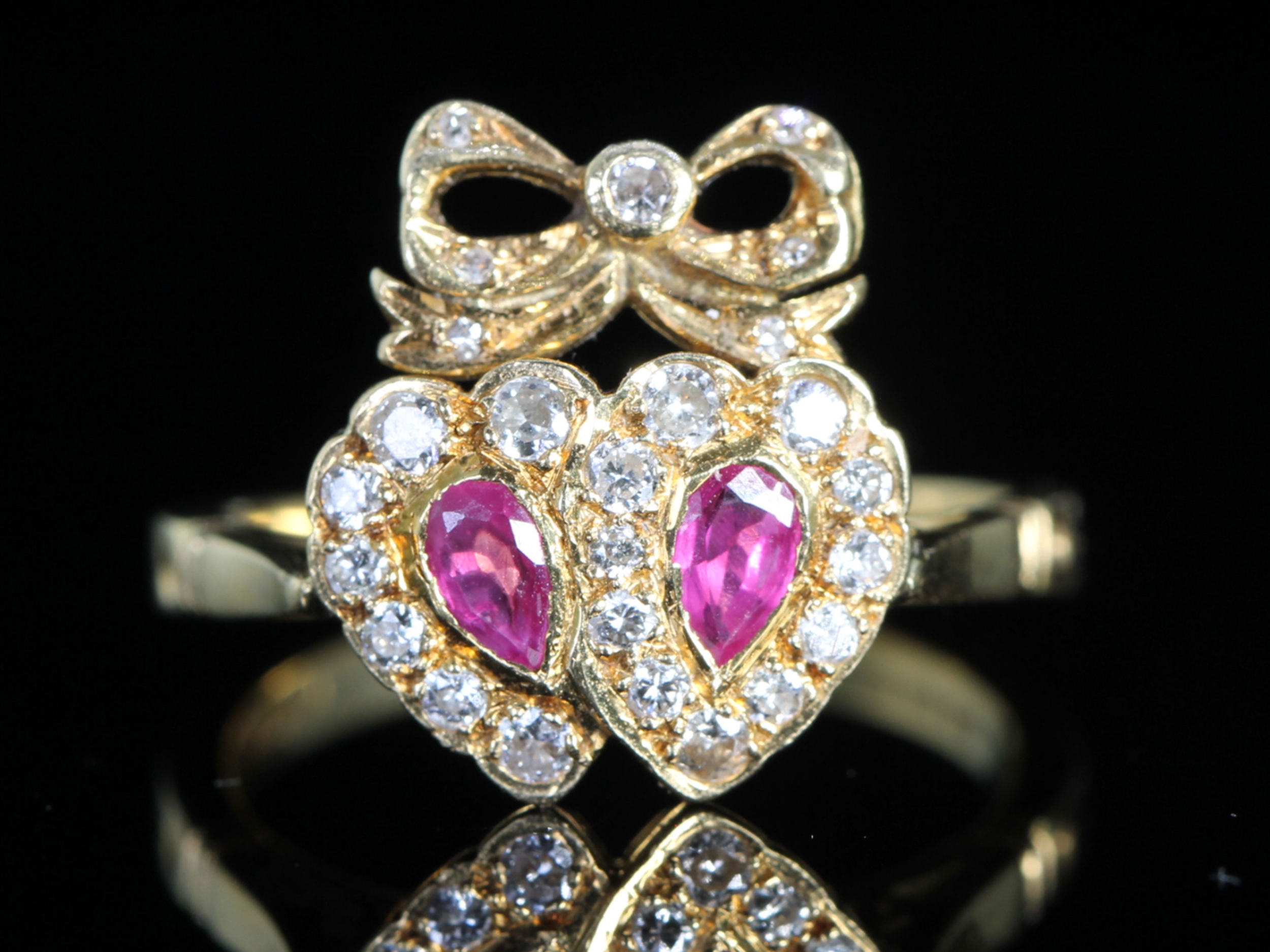 Vintage ruby and diamond double heart 18ct gold ring