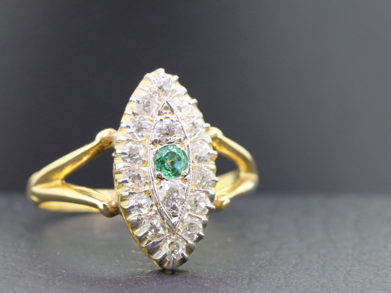  beautiful emerald and diamond navette 18 carat gold ring