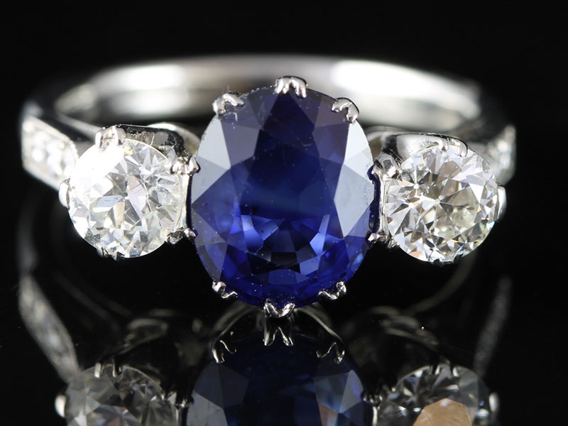 Stunning circa 1950's 2 carat ceylon sapphire and diamond platinum trilogy ring