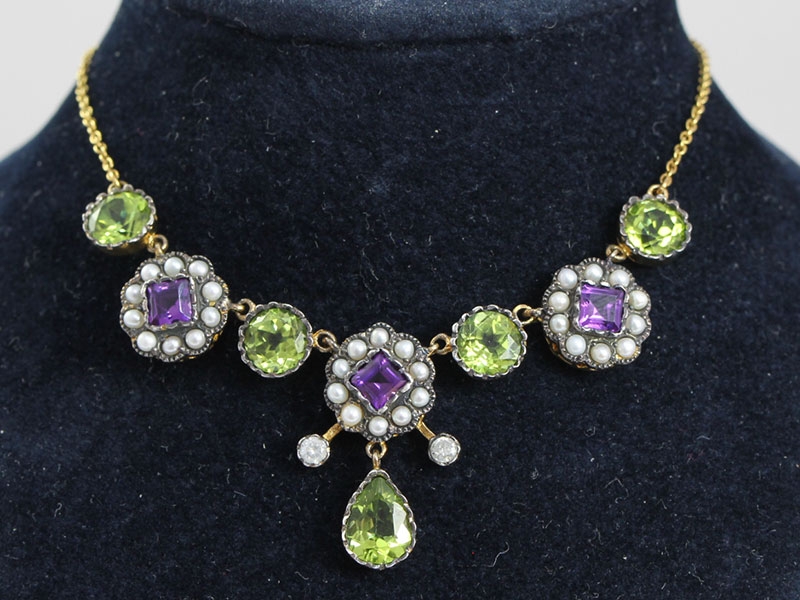 Stunning suffragette edwardian amethyst peridot pearl and diamond 9 carat gold necklace