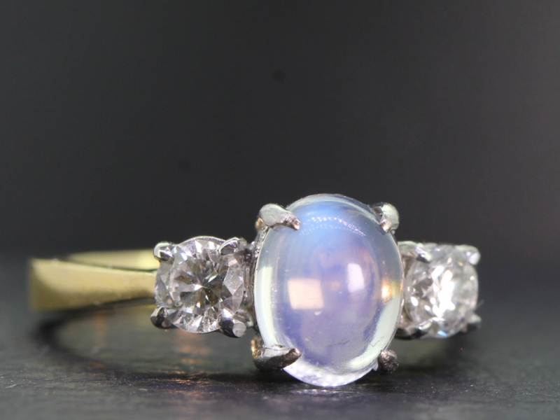Moonstone and diamond 18 carat  gold trilogy ring