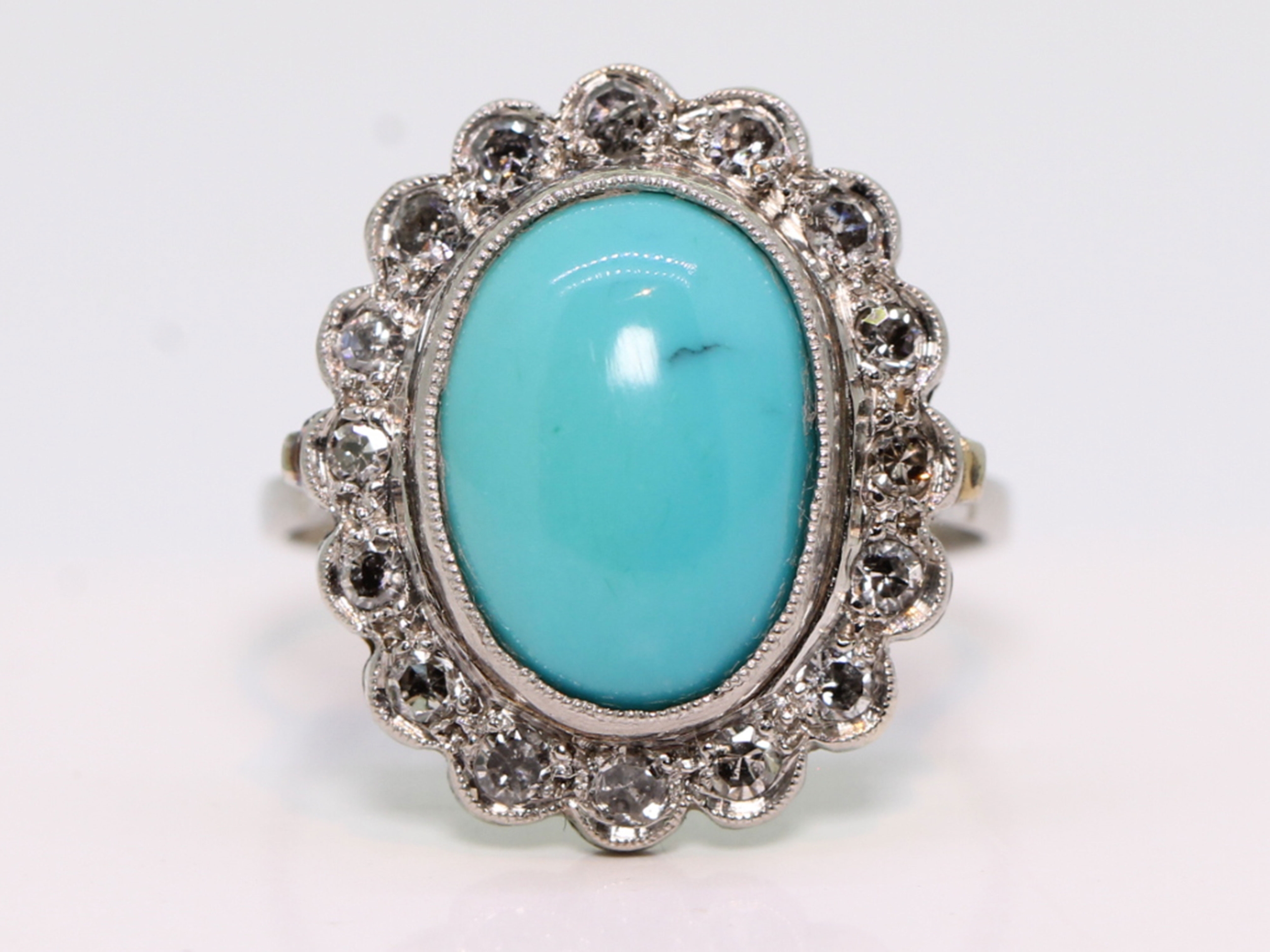 Wonderful 1920s turquoise and diamond platinum cluster ring	