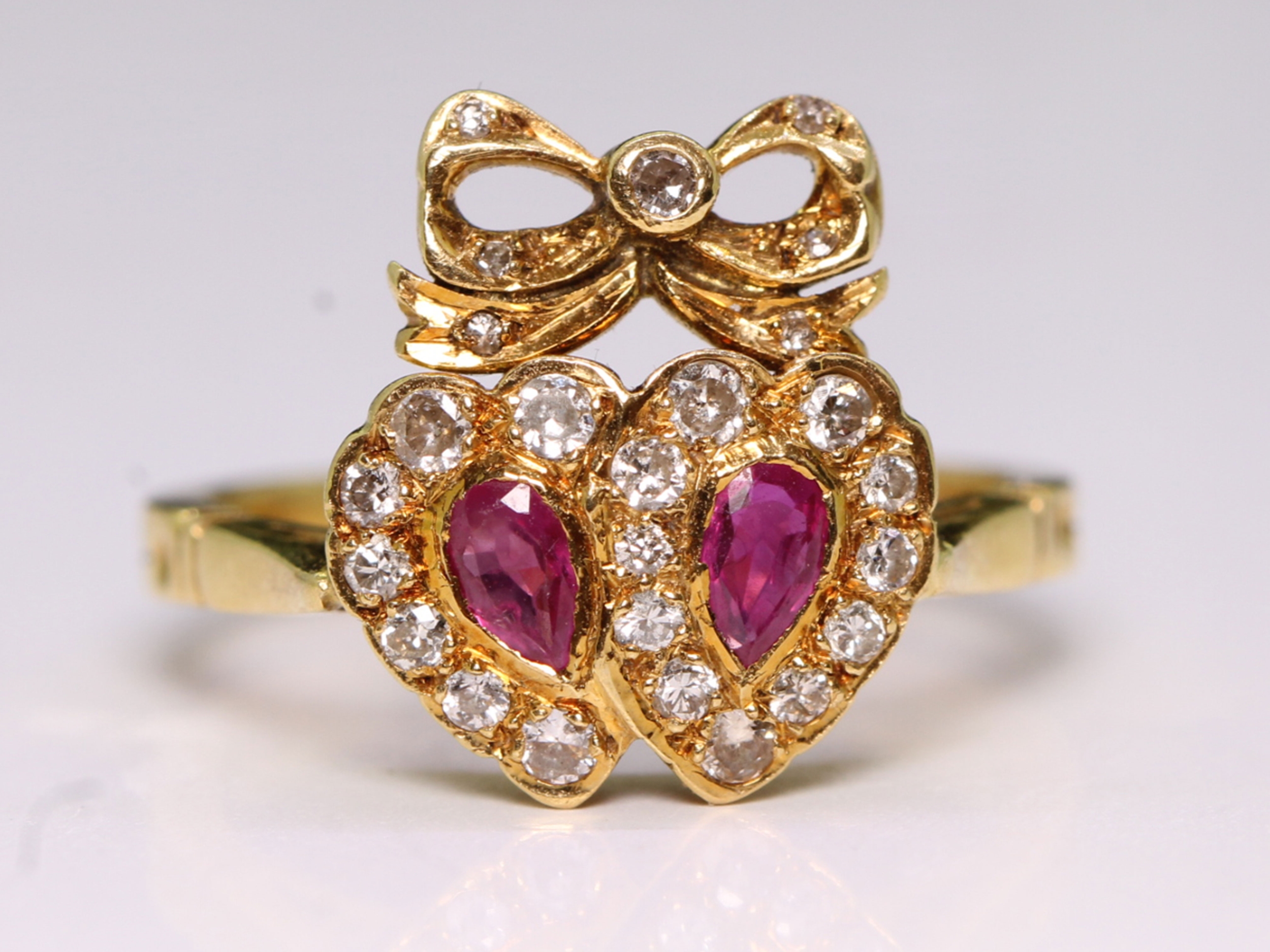 Vintage ruby and diamond double heart 18ct gold ring