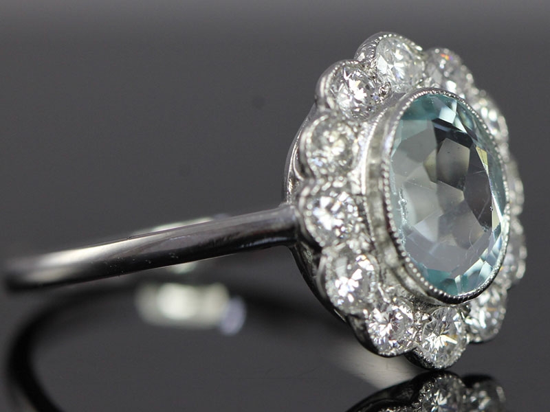 Impressive aquamarine and diamond platinum cluster ring