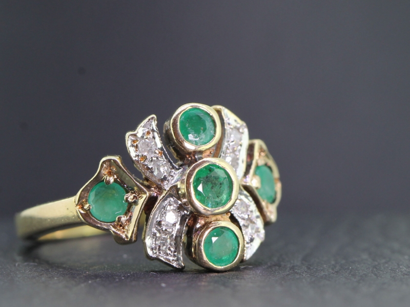 Unique emerald and diamond 14 carat gold statement ring