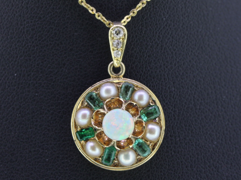 Lovely edwardian emerald pearl and opal 18 carat gold circular pendant