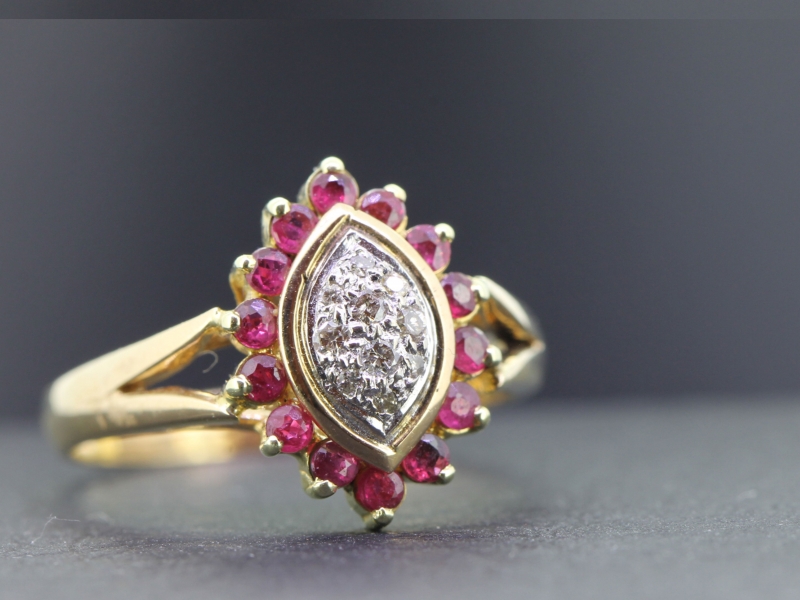 Unique ruby and diamond navette 9 carat gold ring
