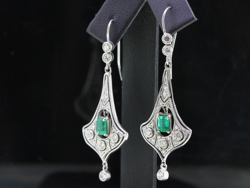 Fabulous edwardian inspired emerald and diamond 18 carat gold earrings