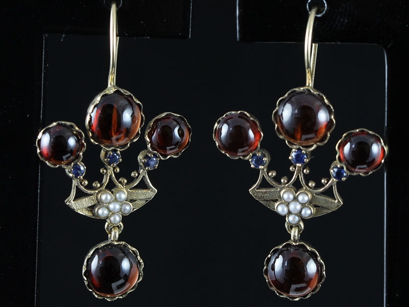Victorian inspired large garnet sapphire & pearl 15 carat gold  earrings