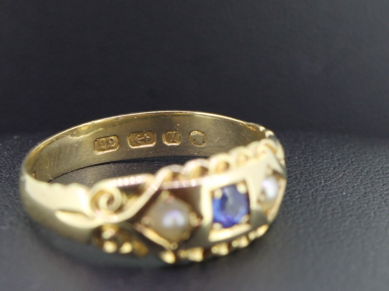 Fabulous edwardian sapphire and pearl 22 carat gold gypsy ring