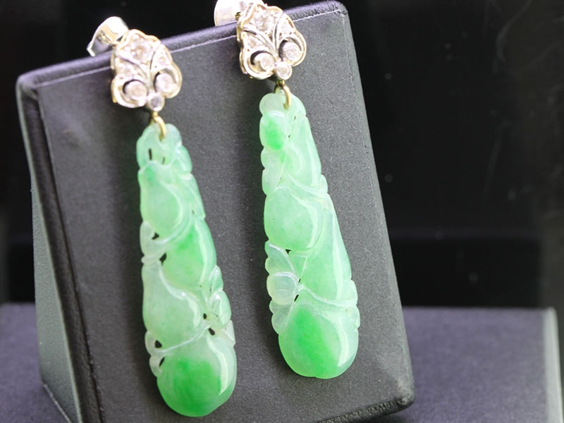 Beautiful jadeite carved 18 carat gold and diamond drop earrings