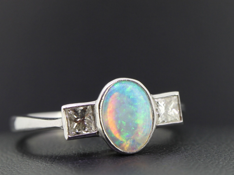 Wonderful art deco inspired opal and diamond 18 carat gold ring