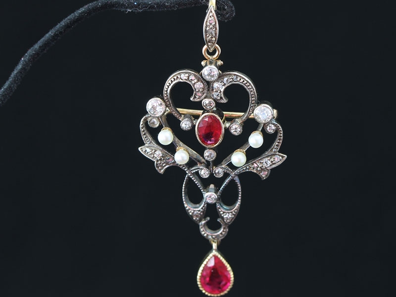 Stunning victorian large antique diamond, ruby and natural pearl brooch/necklace penadant