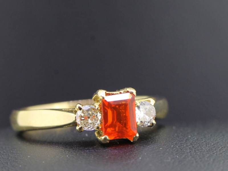 Stunning fire mexican opal and diamond 18 carat gold trilogy ring