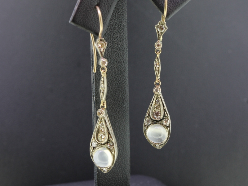 Beautiful moonstone and diamond silver set and gold drop earrings