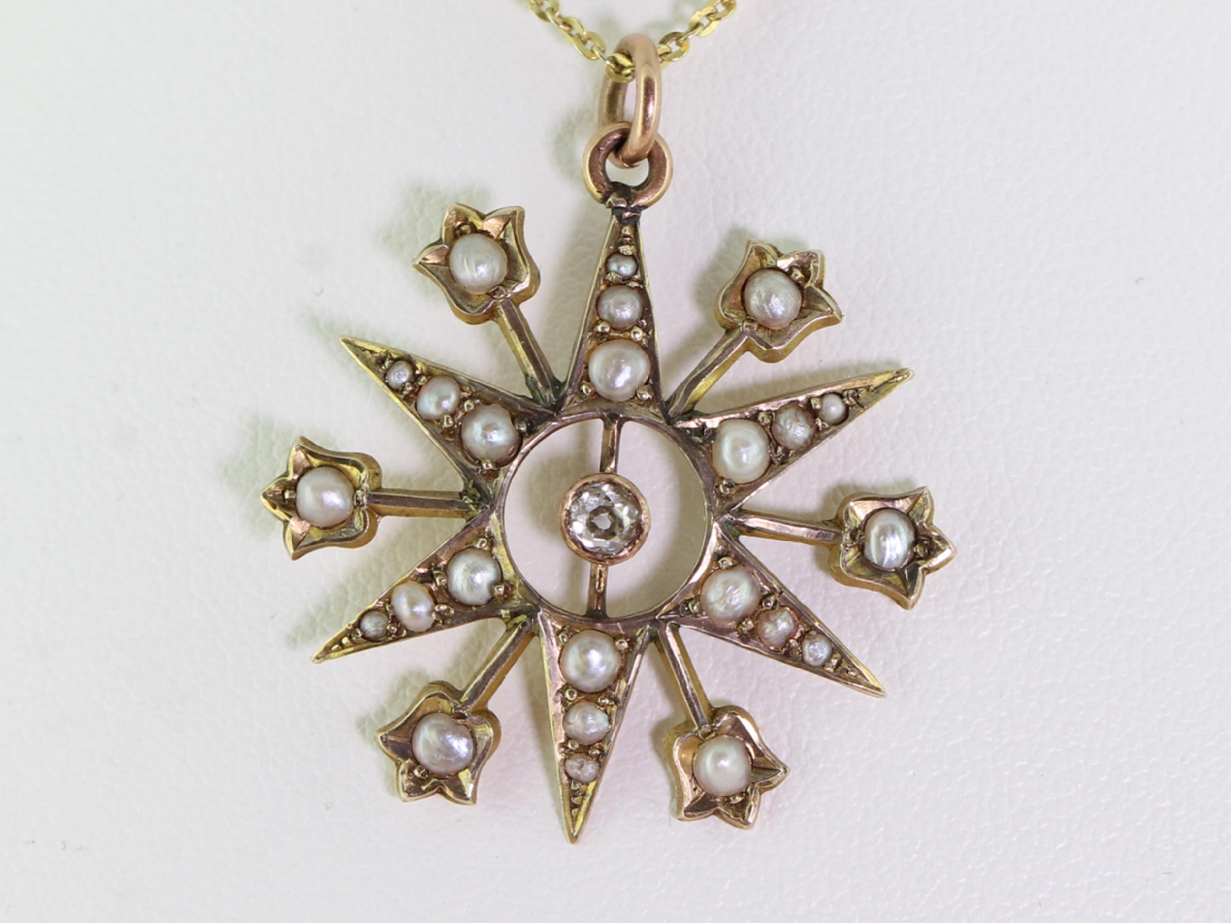 Wonderful victorian snowflake diamond and pearl 9 carat gold pendant   