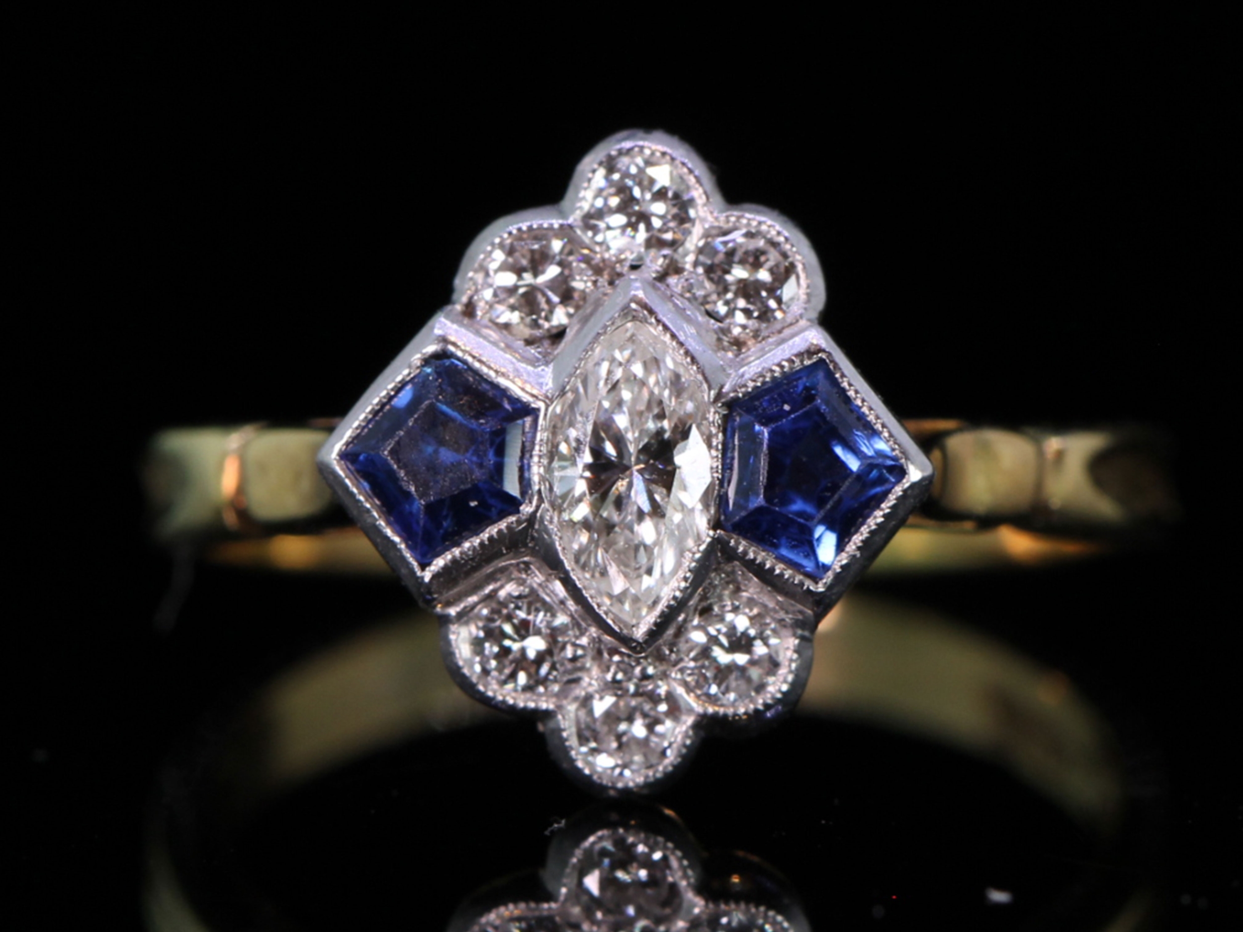   art deco diamond and sapphire 18ct gold and platinum cluster ring