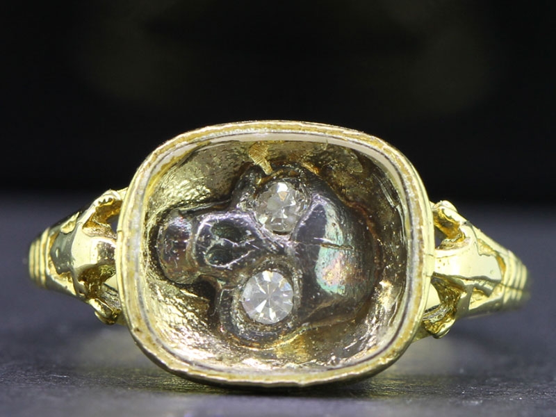 Victorian inspired mourning silver set diamond skull 18 carat gold ring