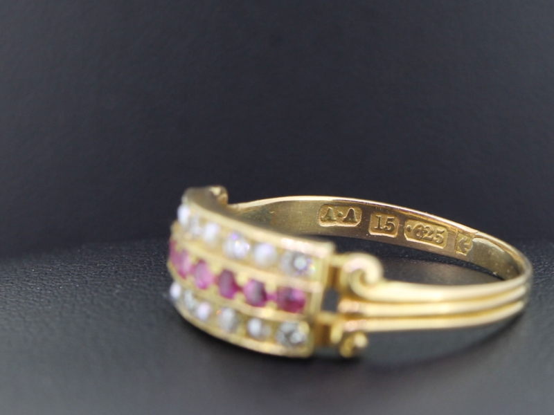 Stunning art nouveau ruby, pearl and diamond 15 carat gold band