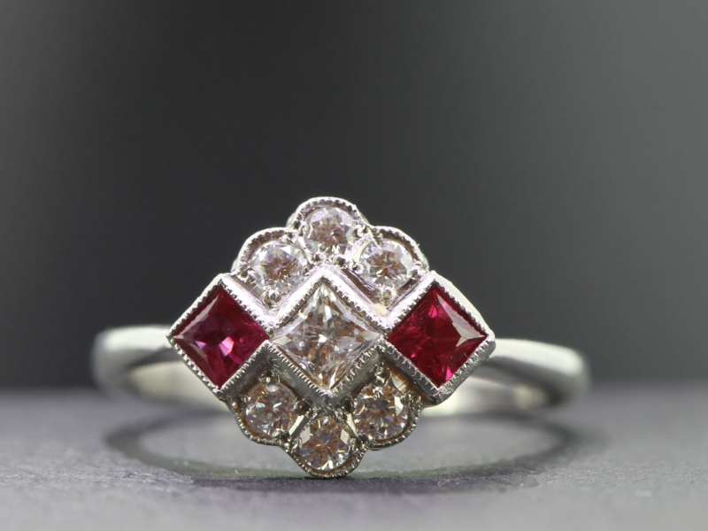 Pretty diamond and ruby platinum art deco inspired ring