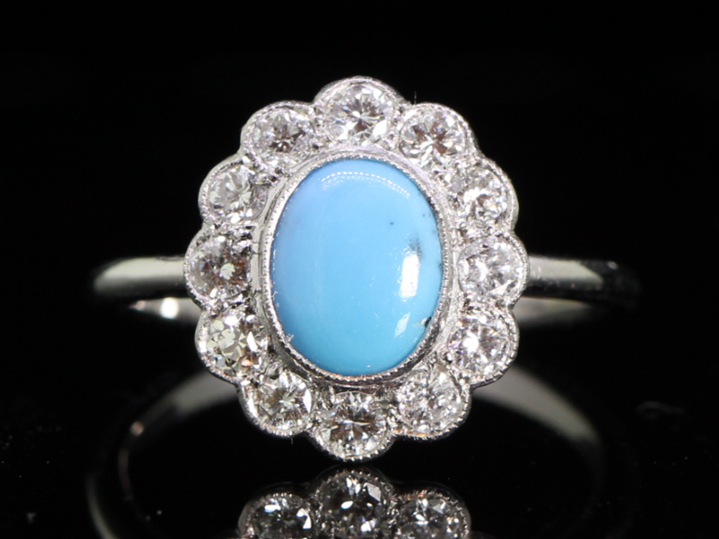Edwardian platinum natural turquoise and diamond cluster ring