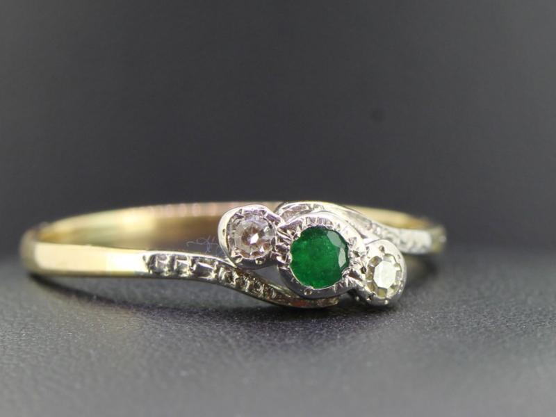  romantic emerald and diamond 18 carat gold trilogy ring