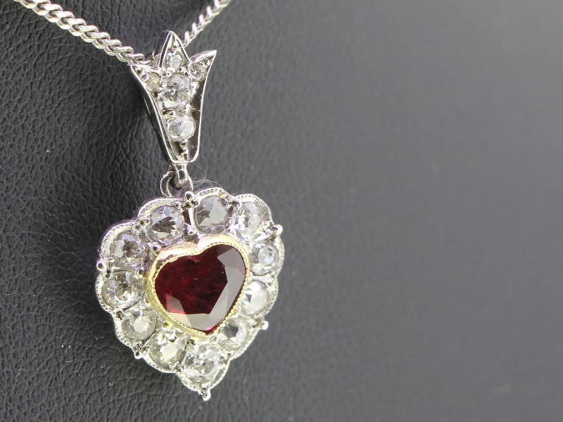 Beautiful ruby and diamond 18 carat gold and platinum pendant